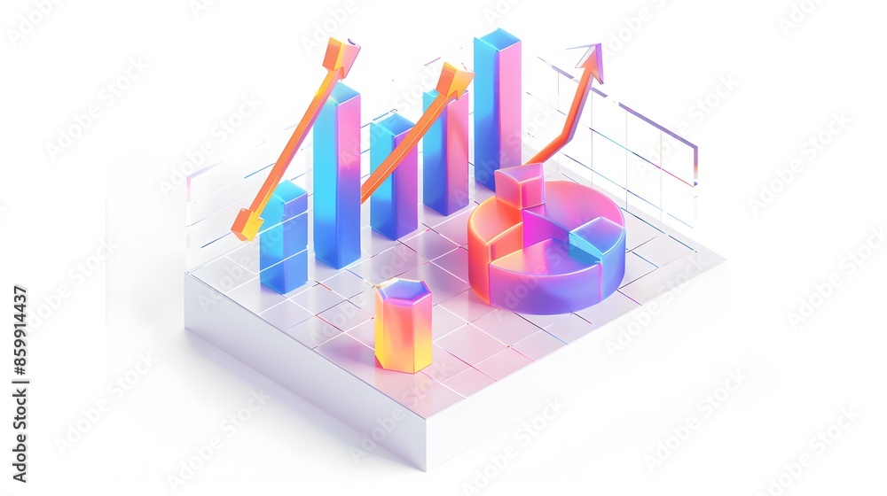 lying composition 3d icon, UI icon, a chart icon, bar chart has a rising arrow on it, bar chart, pie chart, a rising arrow, frosted glass, transparent, white background, transparent technology sense lying composition 3d icon, UI icon, a chart icon, bar chart has a rising arrow on it, bar chart, pie chart, a rising arrow, frosted glass, transparent, white background, transparent technology sense