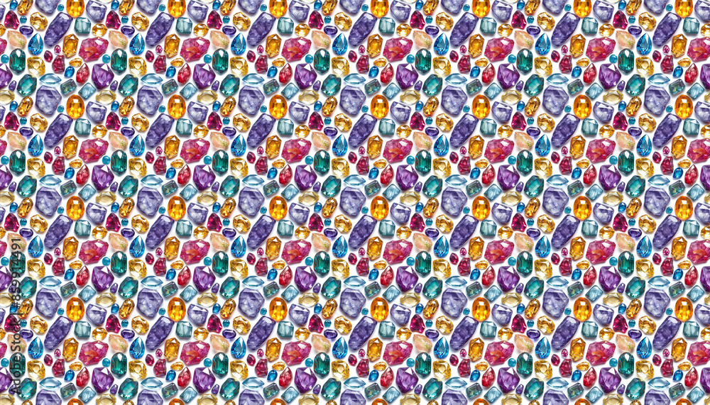 A photo pattern of colorful gemstones scattered on white background, arranged in random patterns, with no clear outline or shape A photo pattern of colorful gemstones scattered on white background, arranged in random patterns, with no clear outline or shape