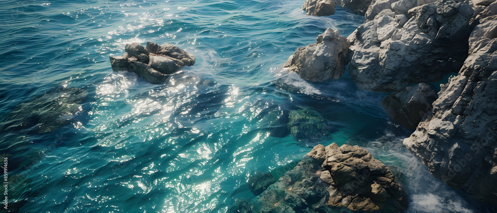 Obraz premium 8k, Top view widescreen of Seascape The wonders of the ocean, summer wallpaper , blue sky, green earth , blue planet