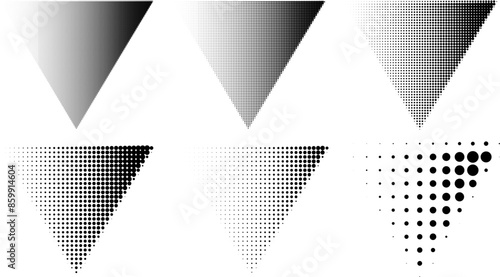 Pop art comic style dotted triangle halftone pattern. Abstract dotted triangle, round halftones geometric dots, pop art texture. Illustration halftone effect in triangle shape. Set of design elements.