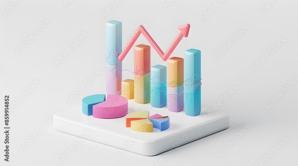 lying composition 3d icon, UI icon, a chart icon, bar chart has a rising arrow on it, bar chart, pie chart, a rising arrow, frosted glass, transparent, white background, transparent technology sense lying composition 3d icon, UI icon, a chart icon, bar chart has a rising arrow on it, bar chart, pie chart, a rising arrow, frosted glass, transparent, white background, transparent technology sense