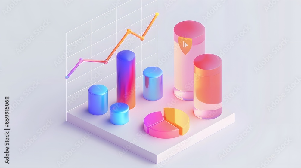 lying composition 3d icon, UI icon, a chart icon, bar chart has a rising arrow on it, bar chart, pie chart, a rising arrow, frosted glass, transparent, white background, transparent technology sense lying composition 3d icon, UI icon, a chart icon, bar chart has a rising arrow on it, bar chart, pie chart, a rising arrow, frosted glass, transparent, white background, transparent technology sense