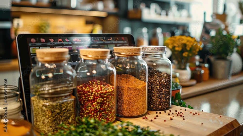 Spices and Herbs in Glass Jars on a Kitchen Counter Spices and Herbs in Glass Jars on a Kitchen Counter