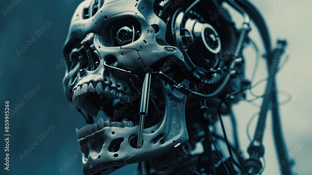 Skull steel head robot is opening its mouth Background wallpaper AI generated image Skull steel head robot is opening its mouth Background wallpaper AI generated image