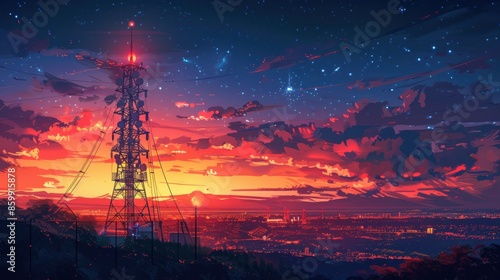 A communication tower with blinking lights at dusk, with a city skyline in the distance, illustration background photo