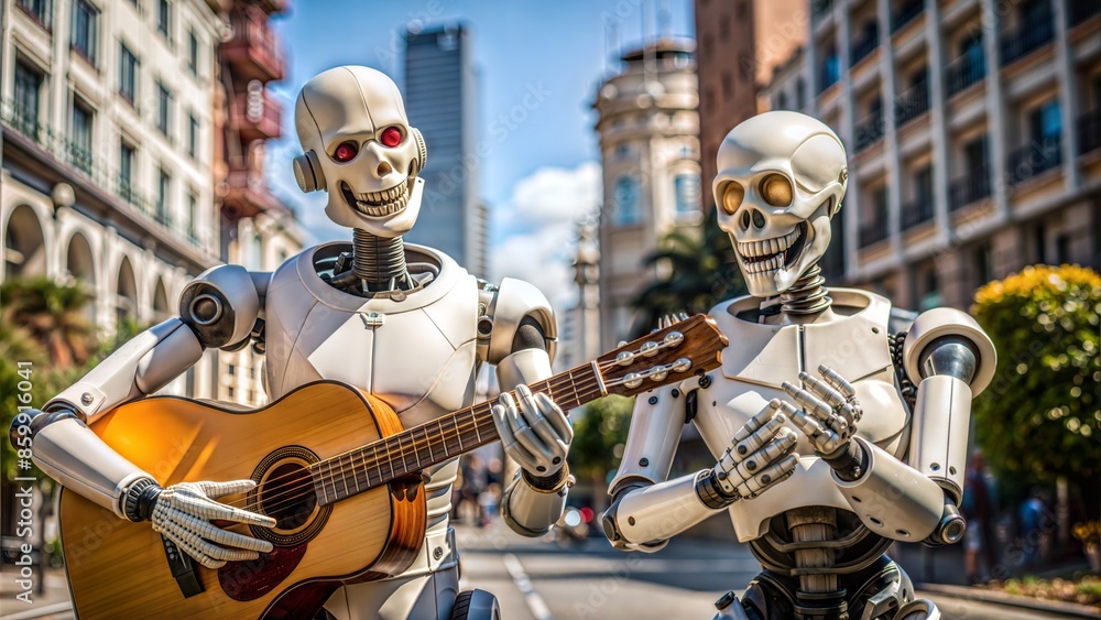 the two robot with the guitar on the background the two robot with the guitar on the background