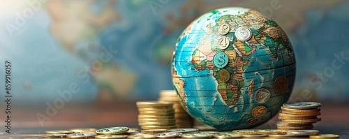 Small globe with coins stacked around, symbolizing global economy, finance, and international investment, with blurred world map in background.