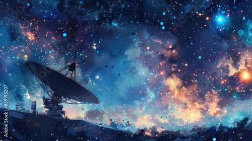 Fototapeta Naklejka Na Ścianę i Meble -  A futuristic satellite dish on a space station, with stars and planets visible in the background, illustration background