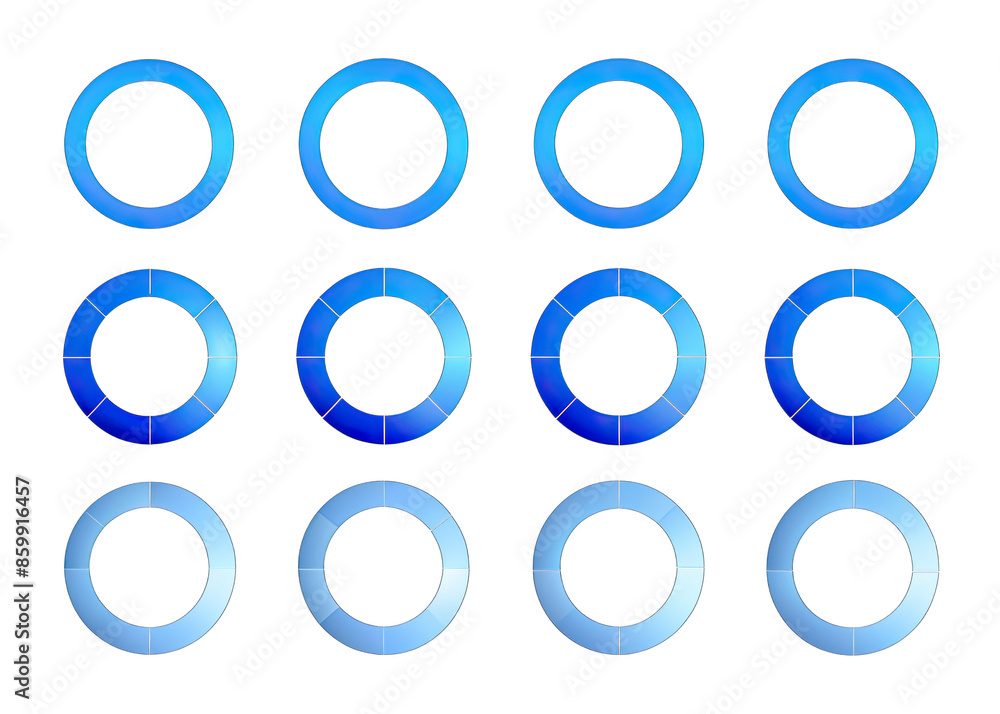 A set of twelve blue circle loading indicators or progress bars, perfect for adding visual cues to web or app interfaces. Generative AI A set of twelve blue circle loading indicators or progress bars, perfect for adding visual cues to web or app interfaces. Generative AI