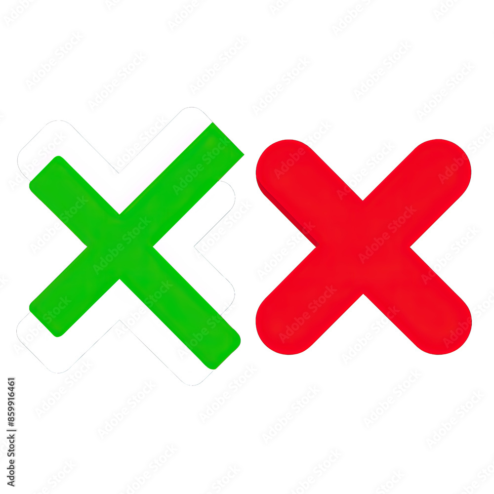 Obraz premium A digital illustration of a green check mark and a red cross symbol. Both symbols are in a simple, bold, and flat style. Generative AI