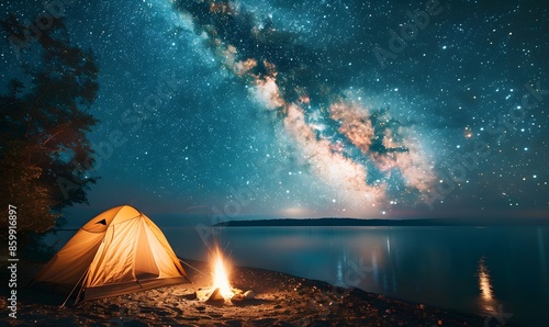  tent at campfire under evening sky full of stars and Milky way, Generative AI