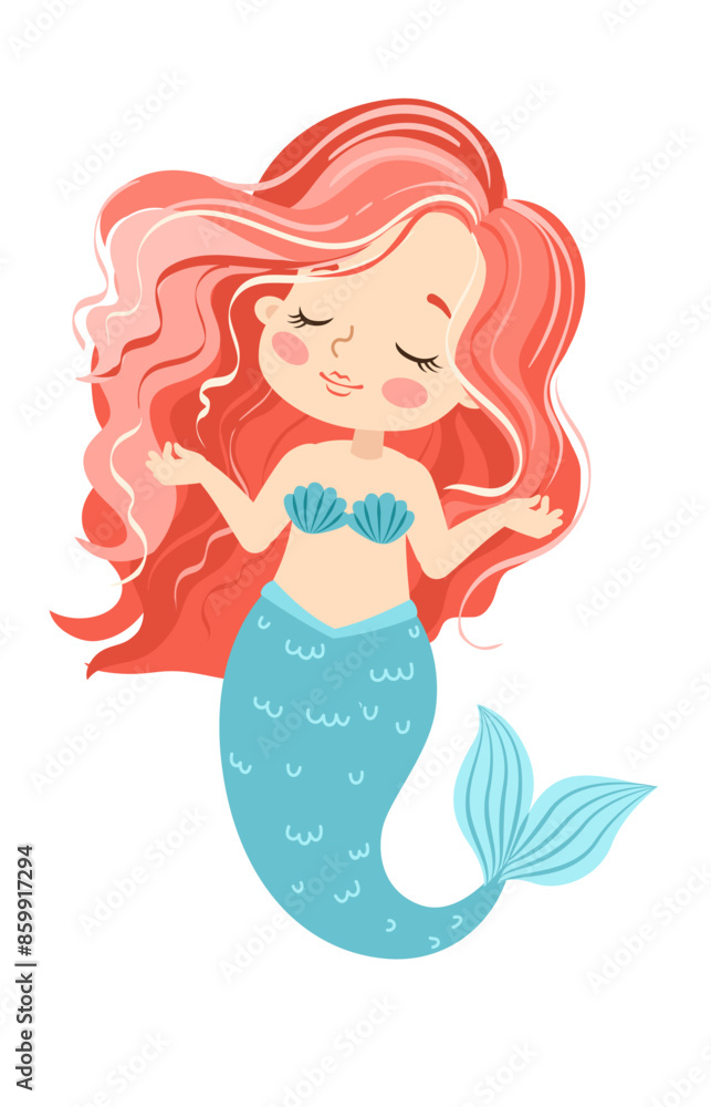 Hand drown vector illustration. Beautiful Girl Mermaid with pink hair isolated on white background Hand drown vector illustration. Beautiful Girl Mermaid with pink hair isolated on white background