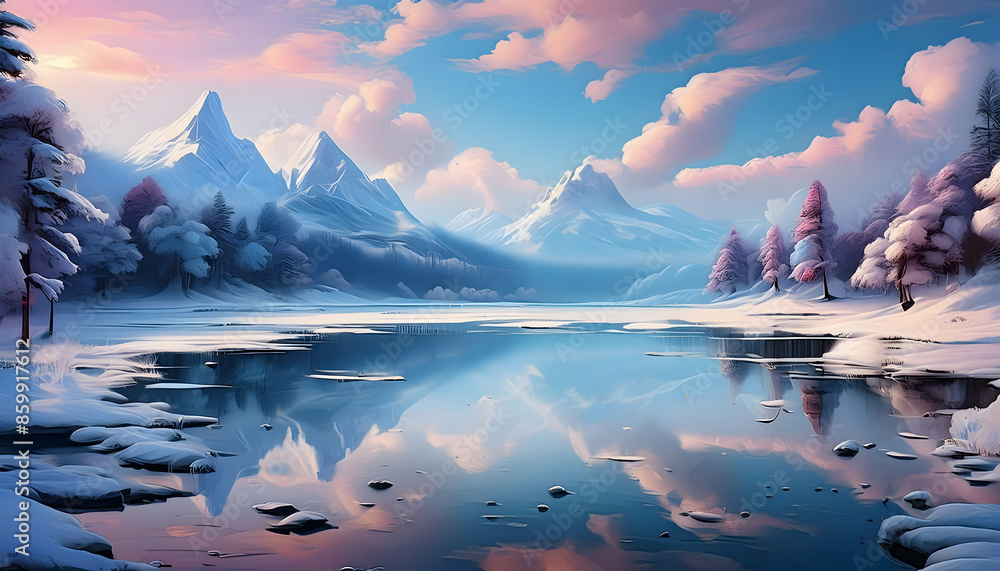 Abstract frozen lake reflecting the pale blue sky, and a sense of tranquility pervading the scene on digital art concept, Generative AI. Abstract frozen lake reflecting the pale blue sky, and a sense of tranquility pervading the scene on digital art concept, Generative AI.