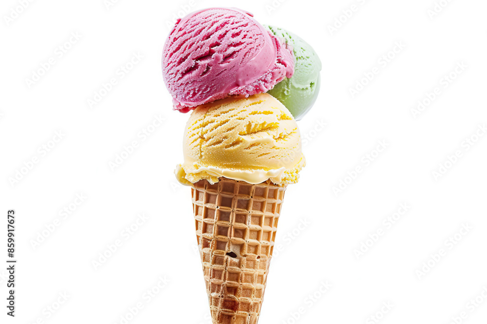 Triple scoop ice cream cone with strawberry, mint, and vanilla flavors, isolated on a white background. Triple scoop ice cream cone with strawberry, mint, and vanilla flavors, isolated on a white background.