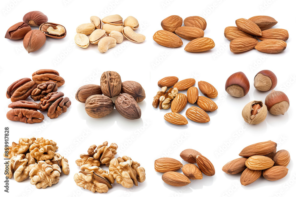 Diverse array of nuts including almonds, walnuts, and pecans, neatly categorized for display, isolated on white background Diverse array of nuts including almonds, walnuts, and pecans, neatly categorized for display, isolated on white background