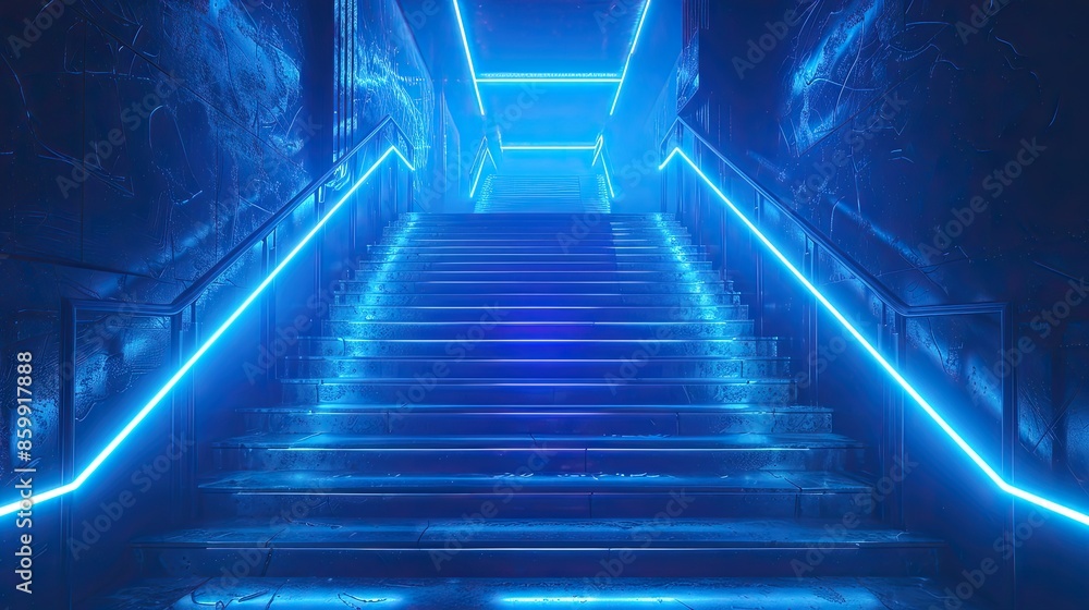 Blue neon lights, stairs, and spotlights make up this abstract scene Blue neon lights, stairs, and spotlights make up this abstract scene