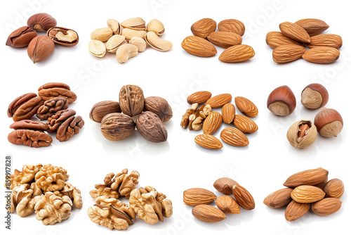 Diverse array of nuts including almonds, walnuts, and pecans, neatly categorized for display, isolated on white background
