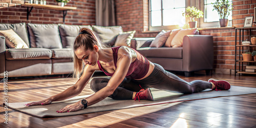 Woman stretching on yoga mat at home