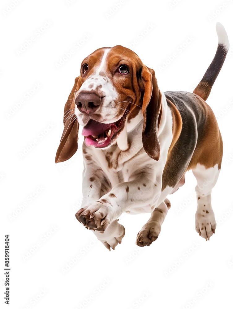 Full body shot of Bassett Hound dog, running happily, smiling. Full body shot of Bassett Hound dog, running happily, smiling.