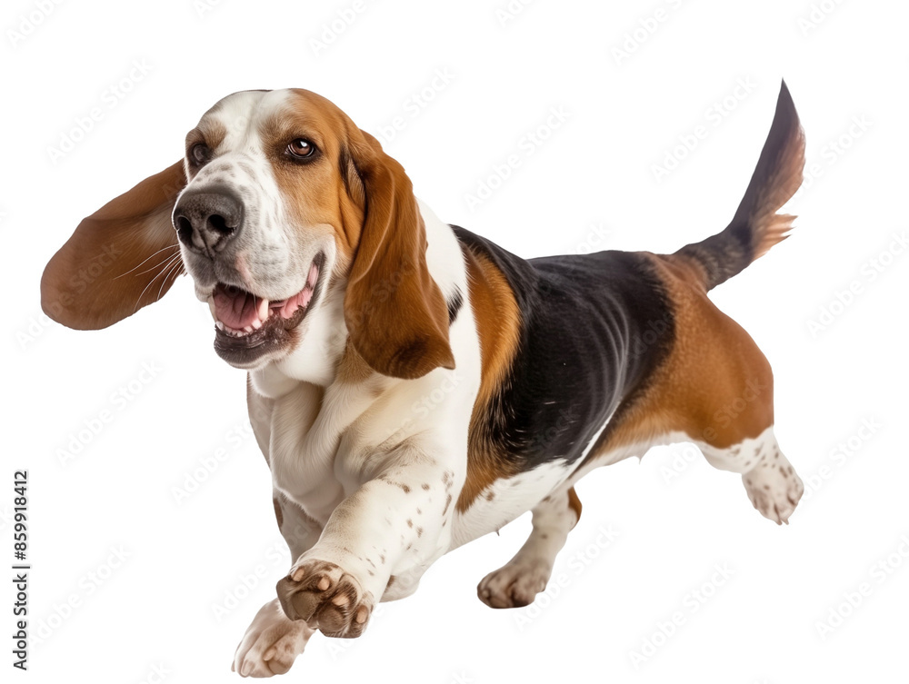 Full body shot of Bassett Hound dog, running happily, smiling. Full body shot of Bassett Hound dog, running happily, smiling.