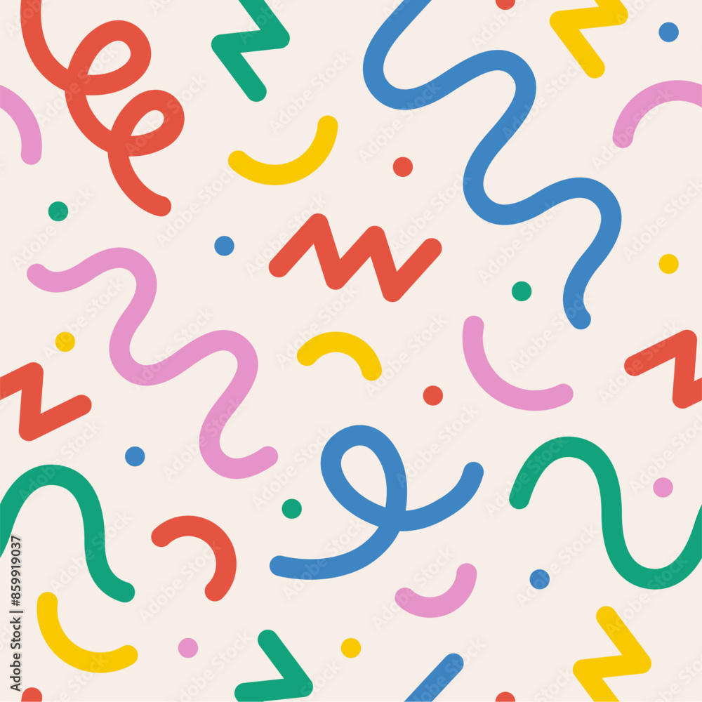 Fun colorful line seamless pattern set. Cute playful childish hand drawn print collection. Creative multicolor shape background. Simple confetti party texture. Vector illustration Fun colorful line seamless pattern set. Cute playful childish hand drawn print collection. Creative multicolor shape background. Simple confetti party texture. Vector illustration