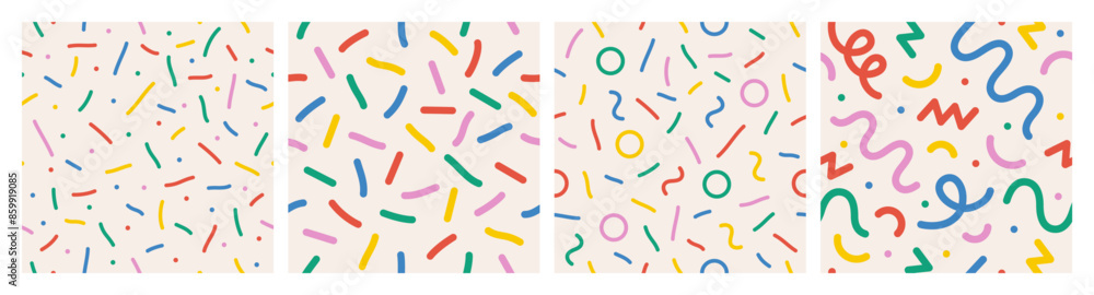 Fun colorful line seamless pattern set. Cute playful childish hand drawn print collection. Creative multicolor shape background. Simple confetti party texture. Vector illustration Fun colorful line seamless pattern set. Cute playful childish hand drawn print collection. Creative multicolor shape background. Simple confetti party texture. Vector illustration