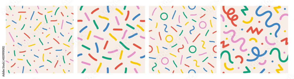 Fun colorful line seamless pattern set. Cute playful childish hand drawn print collection. Creative multicolor shape background. Simple confetti party texture. Vector illustration Fun colorful line seamless pattern set. Cute playful childish hand drawn print collection. Creative multicolor shape background. Simple confetti party texture. Vector illustration