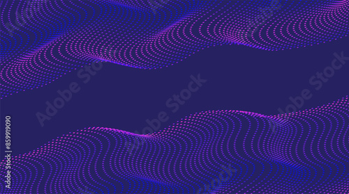 Abstract dotted waving particles in neon colors, technology background design. Futuristic halftone faded texture, grunge pattern made of dots, circles. Abstract wave moving dots flow particles.
