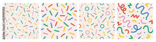 Fun colorful line seamless pattern set. Cute playful childish hand drawn print collection. Creative multicolor shape background. Simple confetti party texture. Vector illustration