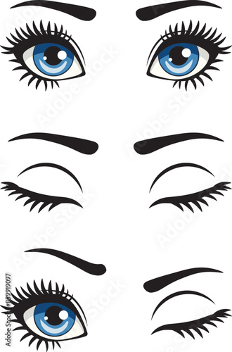 
Abstract cartoon big blue eyes with long eyelashes and eyebrows. Open blue eyes, closed eyes and wink expression.