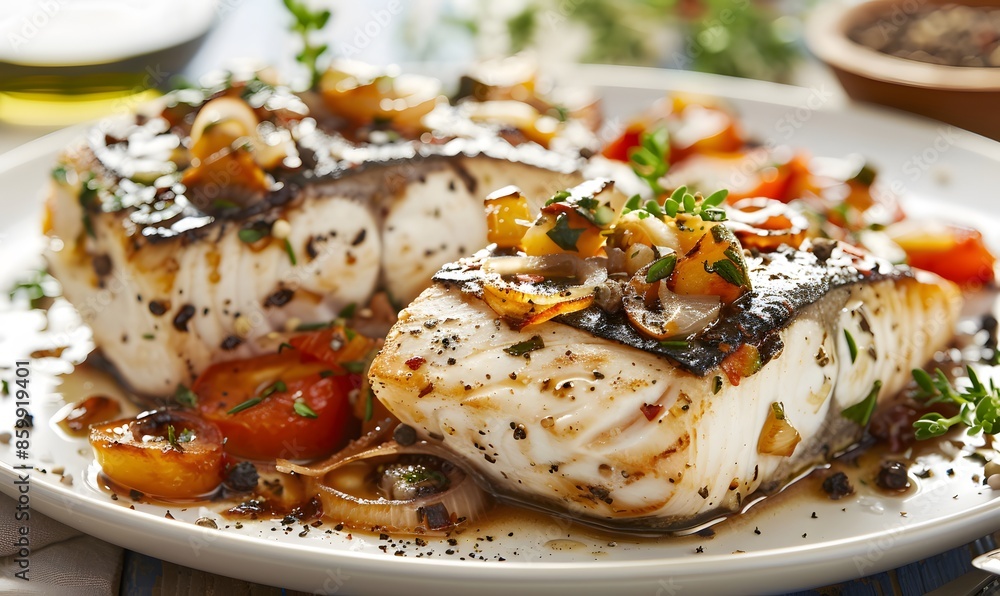 Swordfish with Caramelized Onions and Vegetable, Generative AI Swordfish with Caramelized Onions and Vegetable, Generative AI