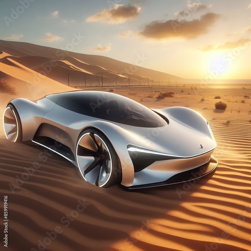 electric sports car with headlights cutting through the afternoon on a desert