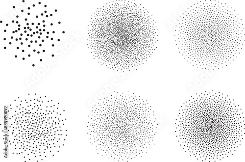Abstract set of black stipple spray circle, dotted monochrome texture. Dissolving points, noise, gradient made of grains as abstract texture or element for graphic design. 