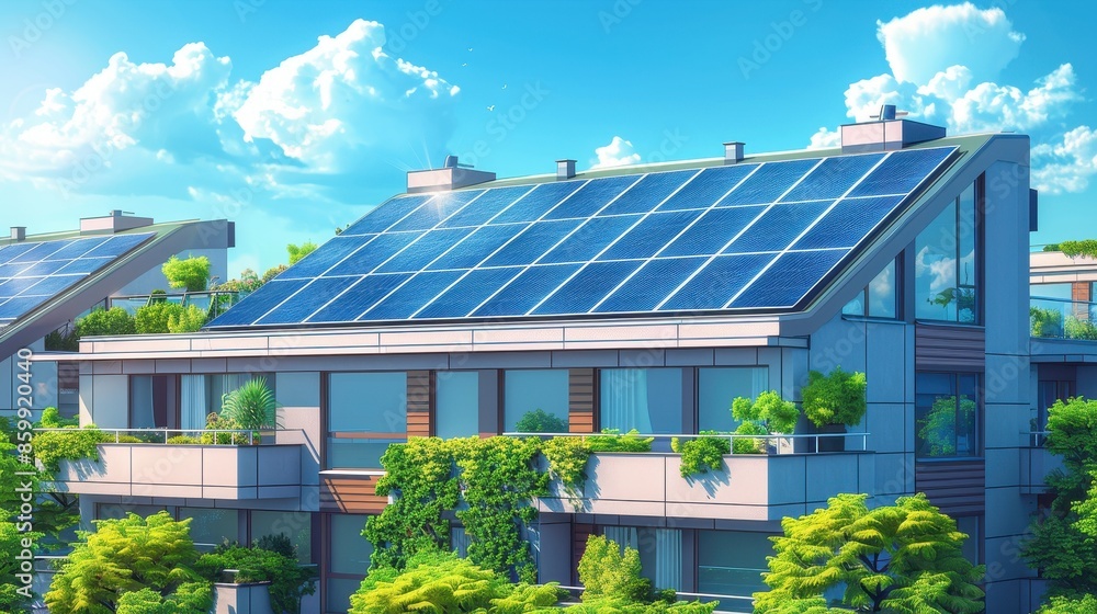 Fototapeta premium Solar panels installed on a modern building rooftop, with green plants around, illustration background