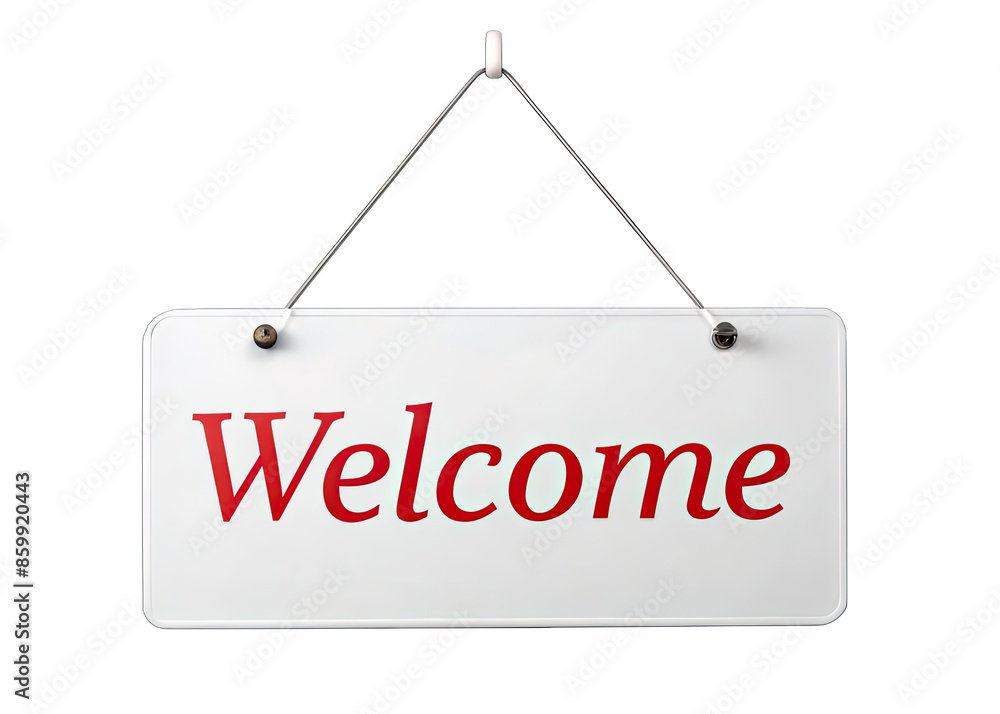 A white sign with the word Welcome written in red hangs from a wire on a white background. Generative AI A white sign with the word Welcome written in red hangs from a wire on a white background. Generative AI