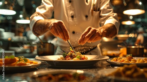 Exquisite Fine Dining: Chef Perfects a Colorful Gourmet Dish in an Elegant Kitchen