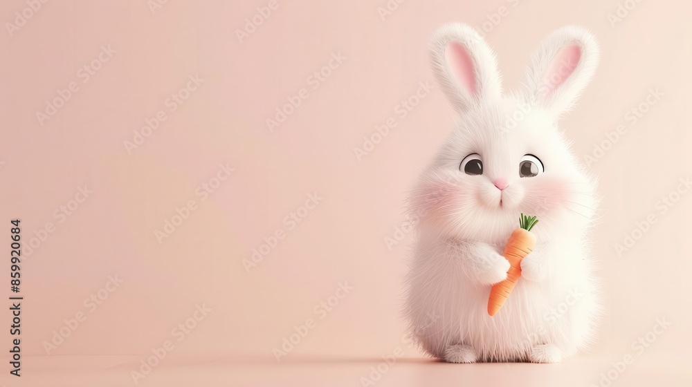 3D rendering of a fluffy bunny with a carrot, clean white background, cute and soft 3D rendering of a fluffy bunny with a carrot, clean white background, cute and soft