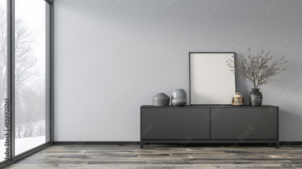Fototapeta premium Stylish Living room composition in grey neutral tones with minimal furniture and natural window lighting. Residential Real Estate mockup composition for advertising.