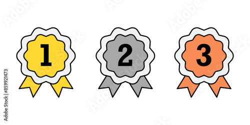 Gold, silver and bronze medal icons set, 1st 2nd 3rd symbol isolated background, winner flat simple infographics design template. Rosette award vector illustration.