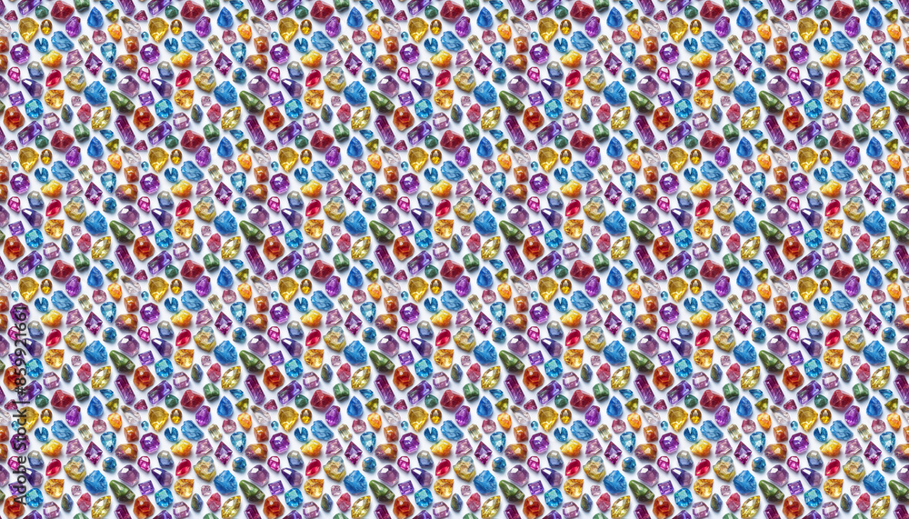 A photo pattern of colorful gemstones scattered on white background, arranged in random patterns, with no clear outline or shape A photo pattern of colorful gemstones scattered on white background, arranged in random patterns, with no clear outline or shape