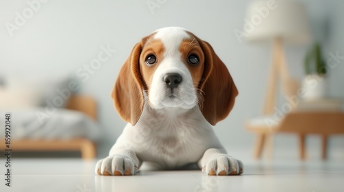 3D rendering of a baby beagle puppy with floppy ears in the bedroom photo