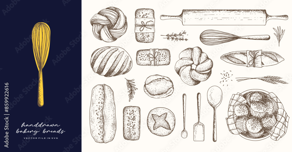 Hand Drawn Breads and Bakery Logo Products for Bakery Shop Store Baguette Pastry Croissant Sourdough in Isolated Vector SVG Hand Drawn Breads and Bakery Logo Products for Bakery Shop Store Baguette Pastry Croissant Sourdough in Isolated Vector SVG