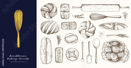 Hand Drawn Breads and Bakery Logo Products for Bakery Shop Store Baguette Pastry Croissant Sourdough in Isolated Vector SVG