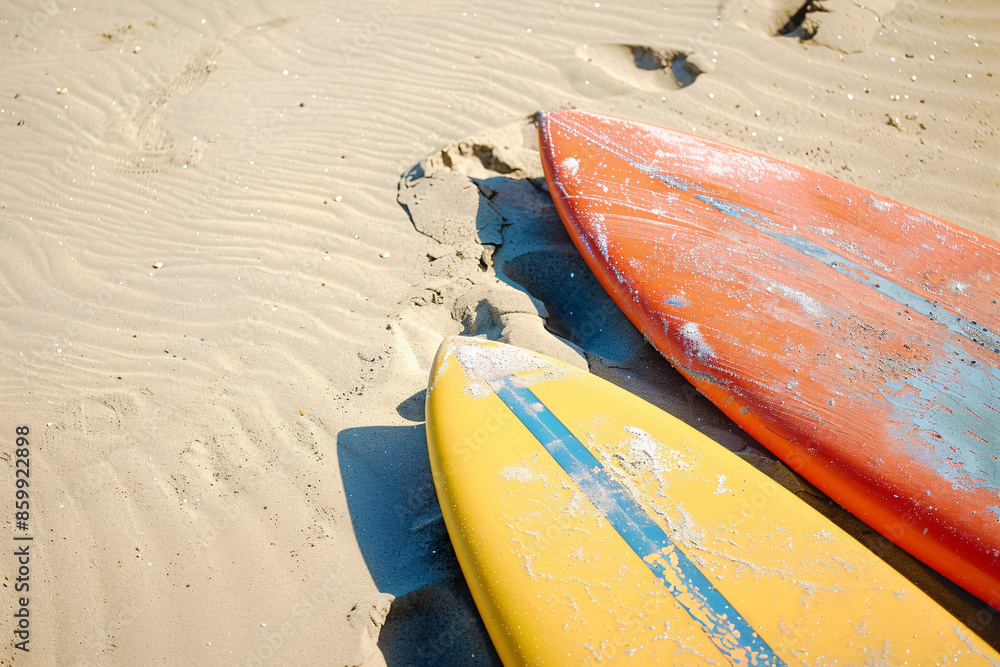 Two surfboards lying on sand beach Two surfboards lying on sand beach