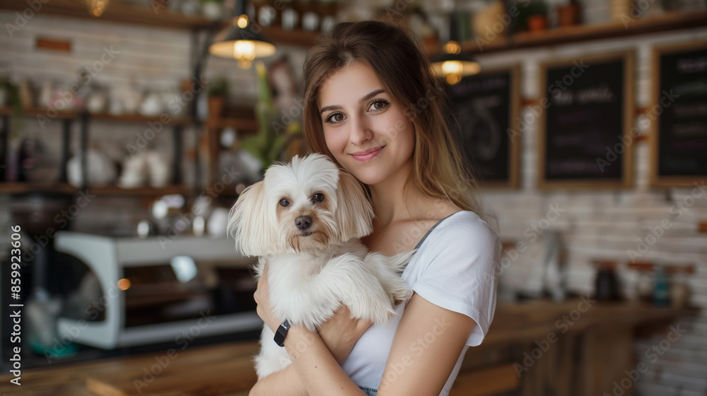 Beautiful Young Woman Holding Her Dog at a Coffee Shop: Portrait of Love and Companionship Beautiful Young Woman Holding Her Dog at a Coffee Shop: Portrait of Love and Companionship