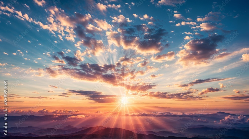 Obraz premium Sunset Over Mountain Range with Dramatic Clouds