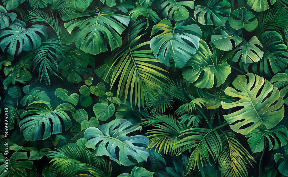 Lush green tropical leaves creating a vibrant natural background. Lush green tropical leaves creating a vibrant natural background.