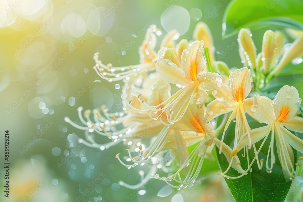 Fototapeta premium Close-up of fresh honeysuckle blooms covered in dew drops against a sunlit green background