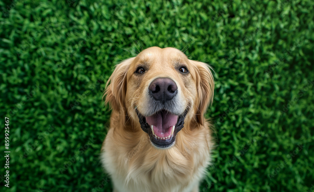 Happy golden retriever dog with green leaves background. Happy golden retriever dog with green leaves background.