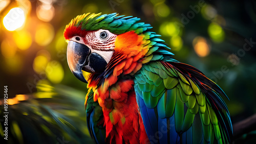 Vibrant parrot closeup, jungle background, wallpaper